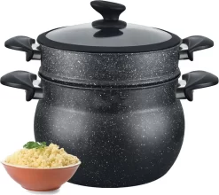 Royalty Line Couscous Pan - Cuiseur Vapeur - 9 Litres - Pour Tous Feux - Couscoussier Avec Poignées Froides - Aluminium - Cuiseur Vapeur Riz Et Légumes Avec Couvercle En Verres - Zwart