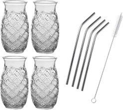Set De 4x Verres à Cocktail Transparents 505 Ml Pina Colada - Y Compris 4x Pailles Réutilisables En Acier Inoxydable