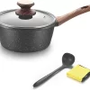 Casserole HanverKook 18cm - Casserole Avec Couvercle - Petite Casserole - Pot à Lait Enrobé, Induction (manche : Aspect Bois Marron)