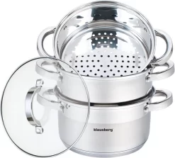 Cuiseur Vapeur Ø 18 Cm - Cuiseur Vapeur Légumes 2,5 L - Acier Inoxydable Avec Couvercle En Verre - Ensemble Cuiseur Vapeur 4 Pièces - Cuisson économe En énergie