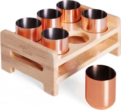 Oak & Steel - 6 Verres à Shot En Acier Inoxydable Or Rose (50 Ml) Avec Présentoir En Bois - Verres à Verres Apéritif En Cuivre Avec Plateau - Cadeau Pour Anniversaires Et Noël