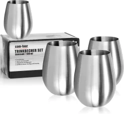 4x Verre à Vin En Acier Inoxydable - Tasse à Vin 500 Ml Pour Le Voyage - Tasse à Emporter En Acier Inoxydable - Tasse à Vin Sans Pied - Tasse De Voyage Sans BPA (4 Pièces - 500 Ml Dépoli)
