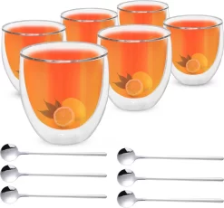 Verres à Thé Trends Verres à Thé à Double Paroi Avec Cuillère - Set De Verres à Café - 250 Ml - 6 Pièces - Verres à Cappuccino - Verre à Thé à Double Paroi