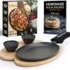 Tortillada - Pan à Fajitas En Fonte De 10 Pouces / Set De Poêles à Griller Pour Pan - Avec Plateau En Bois + 2 Bols à Tremper En Céramique