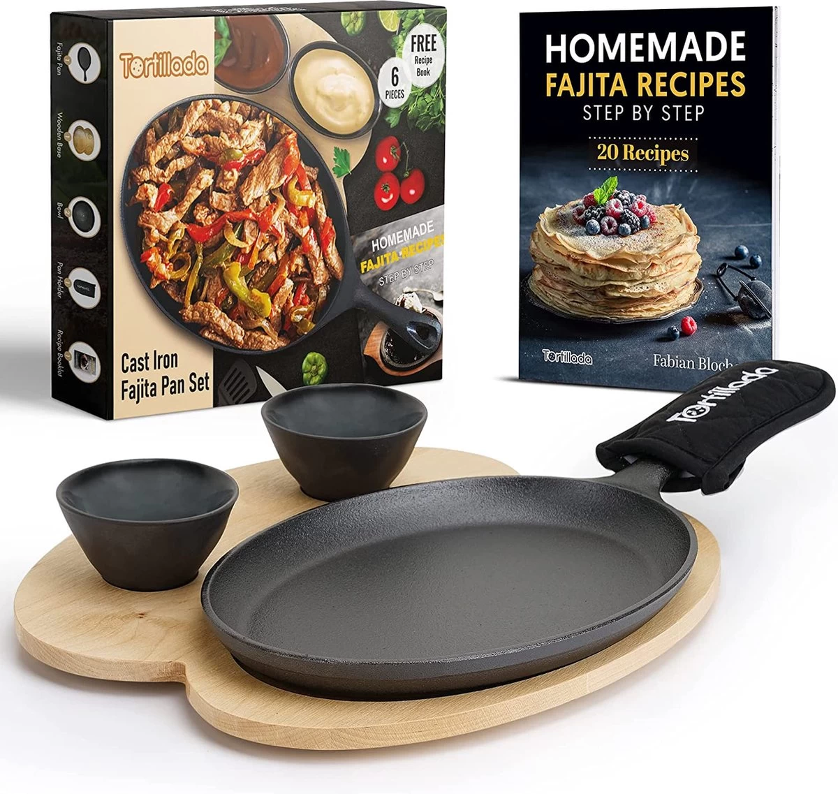 Tortillada - Pan à Fajitas En Fonte De 10 Pouces / Set De Poêles à Griller Pour Pan - Avec Plateau En Bois + 2 Bols à Tremper En Céramique 1 Tortillada - Pan à Fajitas En Fonte De 10 Pouces / Set De Poêles à Griller Pour Pan - Avec Plateau En Bois + 2 Bols à Tremper En Céramique