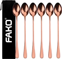 Fako Bijoux® - 6 Cuillères Longues - Latte Macchiato - Long Drink - Cocktail - Dessert - Glace - Café - Or Rose - 6 Pièces - Sac De Rangement