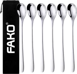 Fako Bijoux® - 6 Cuillères Longues HQ - Latte Macchiato - Long Drink - Cocktail - Dessert - Glace - Café - Argent - 6 Pièces