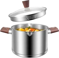 Pan 22 Cm Marmite 4 Litres En Acier Inoxydable, Couvercle En Verre Pour égouttage, Trou Vapeur, Purgeur D'air, échelle De Mesure, Bec Verseur, Sans Revêtement, Passe Au Lave-vaisselle, Convient à L'induction