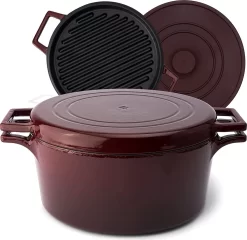 KIVY Faitout En Fonte émaillée Avec Couvercle Grill + Couvercle En Silicone [5,2 L - 26 Cm] - Pour Tous Feux Et Induction - Plat à Rôtir Cocotte En Fonte Avec Couvercle Allant Au Four - Cocotte En Fonte