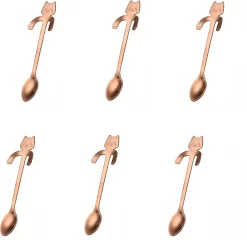 6 Cuillères à Café Hanging Cat - Café Et Thé - Cuillère à Motif De Chat - Cuillère à Café - Acier Inoxydable - Or Rose