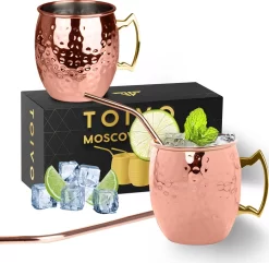 Toivo Moscow Mule Cups DELUXE - Set De 2 Pièces - Y Compris Les Pailles En Acier Inoxydable - Cuivre Plaqué - 500 ML - Tasses à Cocktail