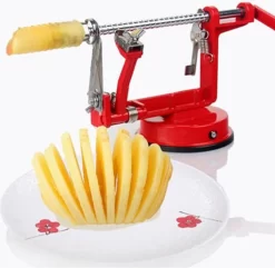 Machine à Pommes 3 En 1 Rouge - Vide-pomme, épluche-pomme Et Tranche-pomme - Trancheuse à Fruits - Trancheuse à Légumes - Extracteur De Noyaux - Machine à Fruits - Appareil De Cuisine