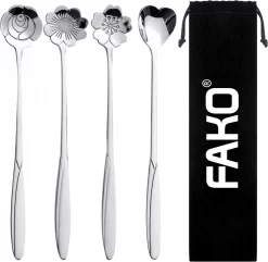 Fako Bijoux® - 4 Cuillères Longues Motif Bloem - Latte Macchiato - Long Drink - Cocktail - Dessert - Glace - Café - Argent - 4 Pièces - Sac De Rangement