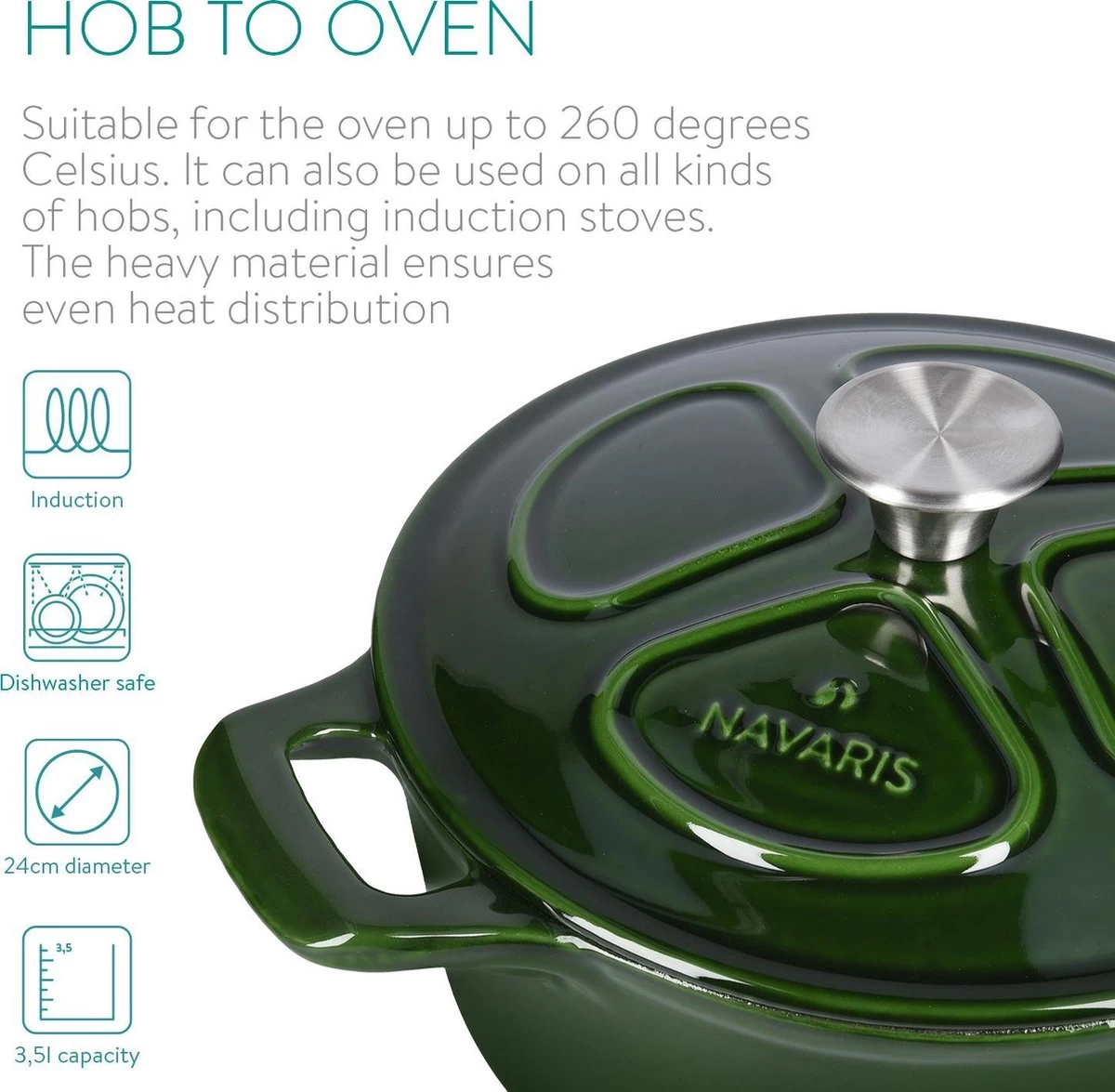 Cocotte En Fonte Navaris Avec Couvercle - Navaris émaillée - Convient à La Cuisson Induction, Gaz Et Vitrocéramique - Vert 2 Cocotte En Fonte Navaris Avec Couvercle - Navaris émaillée - Convient à La Cuisson Induction, Gaz Et Vitrocéramique - Vert – Image 2