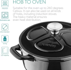 Cocotte En Fonte Navaris Avec Couvercle - Navaris émaillée - Convient à La Cuisson Induction, Gaz Et Vitrocéramique - Zwart -Fournitures De Cuisine Boutique 1200x1176