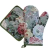 Manique Et Gant De Cuisine - Tissu Gobelin Luxe - Field De Baies - Roses Roses Et Rouges Sur Fond Gris Clair