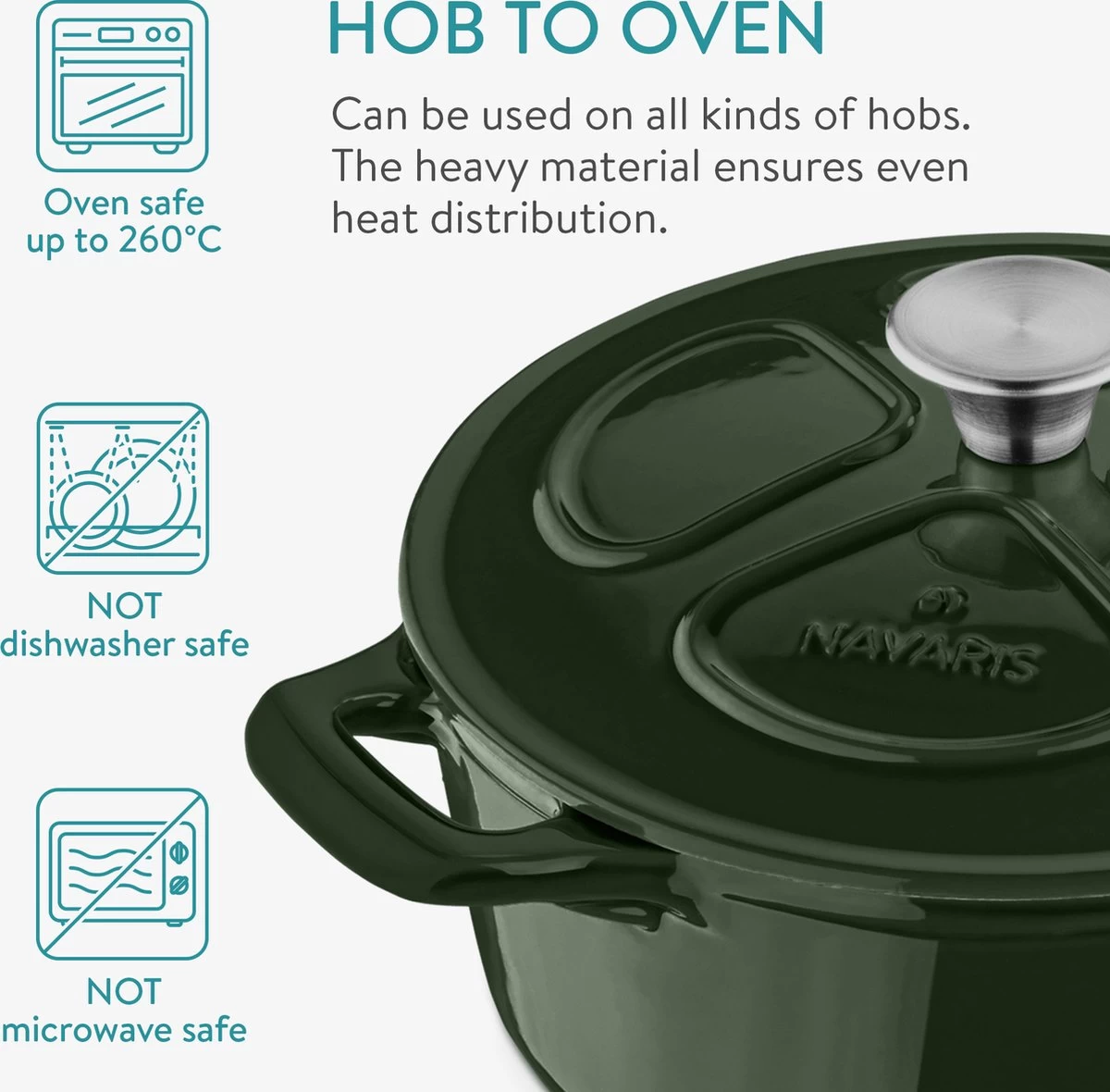 Cocotte En Fonte Navaris Avec Couvercle - Navaris émaillée - Convient à La Cuisson Induction, Gaz Et Vitrocéramique - Vert 9 Cocotte En Fonte Navaris Avec Couvercle - Navaris émaillée - Convient à La Cuisson Induction, Gaz Et Vitrocéramique - Vert – Image 9