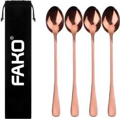 Fako Bijoux® - 4 Cuillères Longues - Latte Macchiato - Long Drink - Cocktail - Dessert - Glace - Café - Or Rose - 4 Pièces - Sac De Rangement