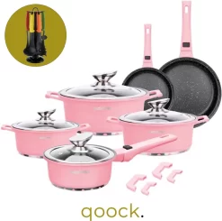 Qoock | Ensemble De Casseroles Pink Rétro | 21 Pièces | Induction | Avec Poignée Amovible | Y Compris Batterie De Batterie De Cuisine | Swiss Pro