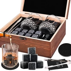 MEEQIAO Coffret Cadeau Pierres Et Verres à Whisky Pour Homme, 8 Pierres à Whisky En Granit + 2 Verres à Whisky En Cristal Et Sac En Velours, Fête Des Pères/Noël/Cadeau D'Anniversaire/Cadeau Pour Papa Père Ami