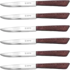 INOXBONOMI - Couteau De Table 6 Pièces - Couteau à Tomates - Couteau à Steak - Couteaux Italiens - Plastique Marron Avec Grain De Bois