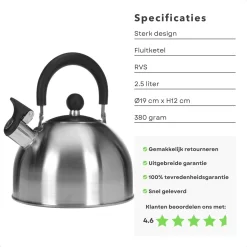 Cheqo® Bouilloire Sifflante En Acier Inoxydable 2,5 L - Bouilloire Chauffante - Bouilloire - Diamètre 19 Cm, Hauteur 12 Cm - Gaz, électrique, Céramique Et Halogène -Fournitures De Cuisine Boutique 1200x1200 1003