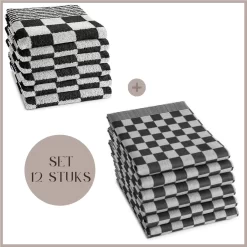 Ensemble Essuies De Vaisselle Et Torchons Set - 6 Essuies De Vaisselle - 6 Torchons - Séchage Rapide - À Carreaux - Zwart - Qualité Restauration