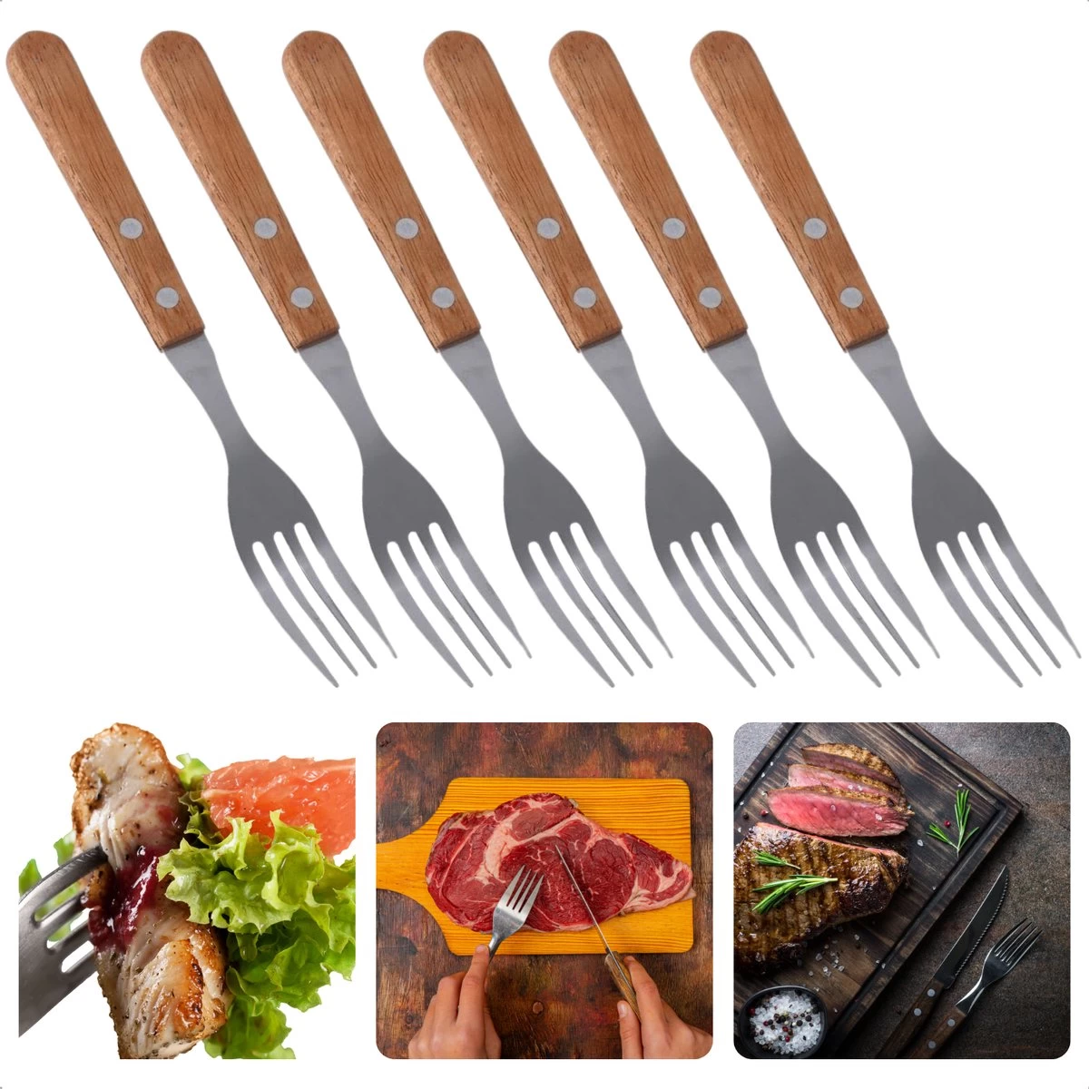 Set De 6 Fourchettes à Steak Cheqo® - 19,5 Cm - Manche En Acier Inoxydable Et Bois - Perfect Pour Le BBQ - Fourchettes à Steak 1 Set De 6 Fourchettes à Steak Cheqo® - 19,5 Cm - Manche En Acier Inoxydable Et Bois - Perfect Pour Le BBQ - Fourchettes à Steak