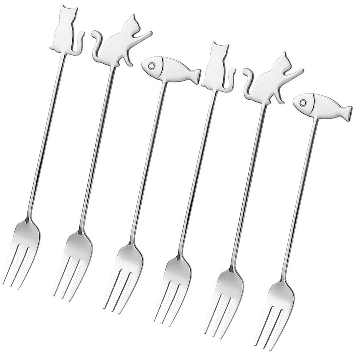 Fourchettes à Gâteau Chat Et Poisson - Set De 6 Fourchettes à Gâteau - Acier Inoxydable - Argent 1 Fourchettes à Gâteau Chat Et Poisson - Set De 6 Fourchettes à Gâteau - Acier Inoxydable - Argent