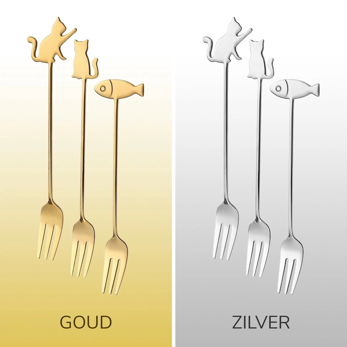 Fourchettes à Gâteau Chat Et Poisson - Set De 6 Fourchettes à Gâteau - Acier Inoxydable - Argent 4 Fourchettes à Gâteau Chat Et Poisson - Set De 6 Fourchettes à Gâteau - Acier Inoxydable - Argent – Image 4