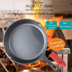 Poêle En Fonte De 12 Pouces Avec Revêtement En émail Noir Mat - Supports En Silicone Résistant à La Chaleur Inclus. Idéal Pour Une Utilisation Intérieure Et Extérieure, Passe Au Four. -Fournitures De Cuisine Boutique 1200x1200 910