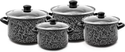 Meyerhoff MH-2598 Ensemble De 8 Casseroles En émail Exclusif Avec Couvercles En Verre Trempé Motif Floral Noir Rétro Vintage - Pour Toute Source De Chaleur - Design 3D