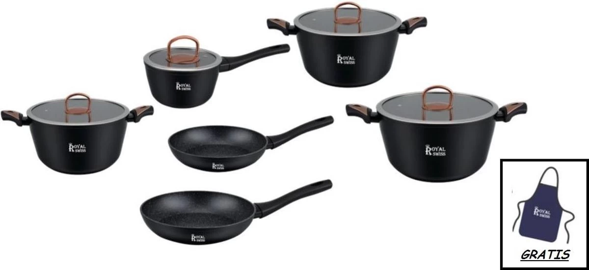 Royal Swiss - Batterie De Cuisine Induction 11 Pièces - Grès - Batteries De Cuisine - Couvercle En Verres - Sans PFAS + TABLIER GRATUIT - Zwart 1 Royal Swiss - Batterie De Cuisine Induction 11 Pièces - Grès - Batteries De Cuisine - Couvercle En Verres - Sans PFAS + TABLIER GRATUIT - Zwart