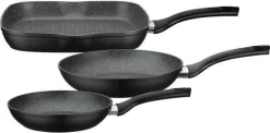 GSW - 209359 - Set De 3 Poêles Et Grill - Aluminium Forgé - GOURMET GRANITE - 20/24/28 Cm - Revêtement Antiadhésif VITAFLON GRANIT