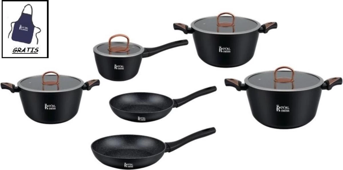 Royal Swiss - Batterie De Cuisine Induction 11 Pièces - Grès - Batteries De Cuisine - Couvercle En Verres - Sans PFAS + TABLIER GRATUIT - Zwart 2 Royal Swiss - Batterie De Cuisine Induction 11 Pièces - Grès - Batteries De Cuisine - Couvercle En Verres - Sans PFAS + TABLIER GRATUIT - Zwart – Image 2