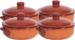 6x Plats à Four En Pierre Avec Couvercle Marron 24 Cm - Plats à Four / Poêles En Terre Cuite - Casseroles Pour 1 Personne