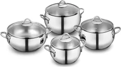 Korkmaz Tombik Lot De 8 Poêles Lourdes Professionnelles En Acier Inoxydable 18/10 Avec Couvercles En Verre - Convient à Toutes Les Sources De Chaleur