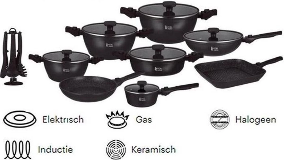 Batterie De Cuisine En Grès Royal Swiss 33 Pièces | Poignées Amovibles, 6 Pots + 2 Casseroles Et Poêles + Fond + 2 Louche Louches + 6 + 12 Couvercles Poignées + Accessoires. - Noir 1 Batterie De Cuisine En Grès Royal Swiss 33 Pièces | Poignées Amovibles, 6 Pots + 2 Casseroles Et Poêles + Fond + 2 Louche Louches + 6 + 12 Couvercles Poignées + Accessoires. - Noir
