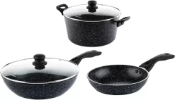 Batterie De Cuisine Westinghouse - Poêle Wok En Marbre Zwart 30 Cm + Poêle à Frire 30 Cm + Poêle à Frire 28 Cm - Marbre Zwart