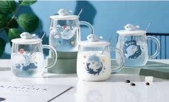 Glas à Thee à Café Avec Figure De Dauphin En Céramique Sur Le Couvercle Et Glas à Cuillère-gobelet - Tasse à Boire Imprimée Avec Dauphin