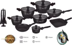 Swiss Pro+ | Batterie De Cuisine En Grès 33 Pièces | Poignées Amovibles, 6 Pots + 2 Casseroles Et Poêles + Fond + 2 Louche Louches + 6 + 12 Couvercles Poignées + Accessoires. - Zwart - SP-3301