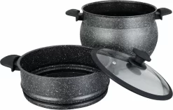 Poêle à Couscous Royal Swiss - Couscoussier - Cuiseur Vapeur - 8L - Toutes Sources De Chaleur - Aluminium Recouvert De Pierre - Couvercle En Verres - NOIR