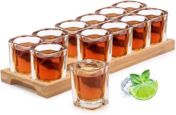 Set De Verres à Shot , Porte-cocktail Et Glas à Shot , Organiseur De Planche De Service De Boissons 12 Trous Avec Verre En Crystal Transparent 12 Pièces 2 Oz/60 Ml Pour Liqueurs , Whisky, Eau De Vie , Vodka