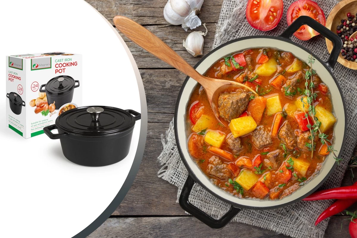 Magnani Cocotte En Fonte - Poêle à Mijoter Ronde - Marmite Émaillée - Avec Couvercle Et Anses - Zwart - Antiadhésif - ⌀ 24 X 10,5 Cm 2 Magnani Cocotte En Fonte - Poêle à Mijoter Ronde - Marmite Émaillée - Avec Couvercle Et Anses - Zwart - Antiadhésif - ⌀ 24 X 10,5 Cm – Image 2