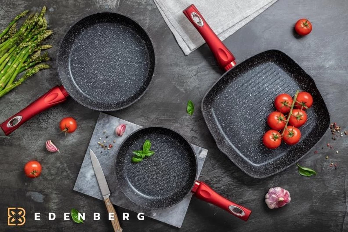 Edënbërg Red Line - Casseroles De Luxe - Set - 2 X Poêle à Frire Surélevée + Poêle à Griller - Revêtement Antiadhésif 3 Couches - Rouge 7 Edënbërg Red Line - Casseroles De Luxe - Set - 2 X Poêle à Frire Surélevée + Poêle à Griller - Revêtement Antiadhésif 3 Couches - Rouge – Image 7