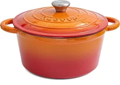 Nuovva En Fonte Revêtement Antiadhésif Avec Couvercle - Mijoteuse Oranje - Ronde - Ø24 Cm - 4,7 Litres - 100% Sans PFAS & PFOA - Convient à Tous Feux - Electrique - Gaz - Halogène - Induction - Céramique
