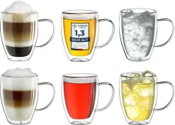 Verre à Thé Creano , Verre à Café, Verre à Latte, Double Paroi, Verre Thermique, Avec Poignée, Grand, En Verre Borosilicaté, 6 X 400 Ml