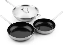 Soenil By ISENVI Combideal : Deux Poêles à Frire & Wok En Céramique Inox - 3 Parties - Poignées Inox