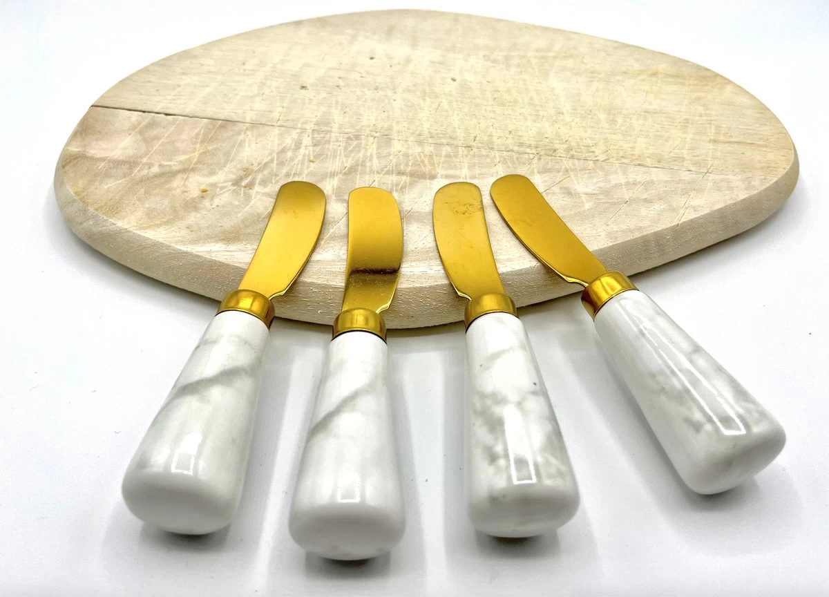 Couteau à Beurre 4 Pièces - Couteaux Pour Le Snack - Couteaux à Tapas - Couteaux à Tartiner - Couverts à Boissons - 12 Cm - Manche Design En Marbre - Or - Eetsmaakvol.nl 5 Couteau à Beurre 4 Pièces - Couteaux Pour Le Snack - Couteaux à Tapas - Couteaux à Tartiner - Couverts à Boissons - 12 Cm - Manche Design En Marbre - Or - Eetsmaakvol.nl – Image 5
