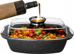 Casserole En Aluminium Meyerhoff Avec Couvercle En Verre Et Aromatiseur 6L MH-D15 Noir - 39 X 22,5 X 18 Cm - Revêtement Antiadhésif Aspect Marbre